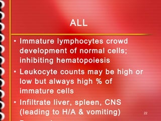 ALL Immature lymphocytes crowd development of normal cells; inhibiting hematopoiesis  Leukocyte counts may be high or low but always high % of immature cells Infiltrate liver, spleen, CNS (leading to H/A & vomiting) Bone pain 80% survive 5 yrs 