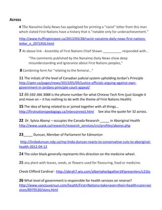 Across
4 The Nanaimo Daily News has apologized for printing a "racist" letter from this man
which stated First Nations have a history that is "notable only for underachievement."
http://www.huffingtonpost.ca/2013/03/28/racist-nanaimo-daily-news-first-nationsletter_n_2971956.html

7 At above link - Assembly of First Nations Chief Shawn __________ responded with...
"The comments published by the Nanaimo Daily News show deep
misunderstanding and ignorance about First Nations peoples,"

8 Combining form for “relating to the femoral...”
11 The initials of the level of Canadian judicial system upholding Jordan’s Principle
http://aptn.ca/pages/news/2013/05/09/justice-officials-arguing-against-owngovernment-in-jordans-principle-court-appeal/

12 86-592-366 3088 is the phone number for what Chinese Tech firm (just Google it
and move on – it has nothing to do with the theme of First Nations Health)

15 The idea of being related to or joined together with all things...
http://firstnationspedagogy.ca/interconnect.html

See also the quote for 32 across.

22 Dr. Sylvia Abonyi – occupies the Canada Research _____ in Aboriginal Health
http://www.usask.ca/research/research_services/crc/profiles/abonyi.php

23_____ Duncan, Member of Parliament for Edmonton
http://lindaduncan.ndp.ca/mp-linda-duncan-reacts-to-conservative-cuts-to-aboriginalhealth-2012-04-13

24 The color black generally represents this direction on the medicine wheel.
25 any plant with leaves, seeds, or flowers used for flavouring, food or medicine.
Check Clifford Cardinal - http://abrah7.wix.com/albertaherbgather1#!presenters/c21kz

26 What level of government is responsible for health services on reserve?
http://www.vancouversun.com/health/First+Nations+take+over+their+health+care+ser
vices/8979530/story.html

 