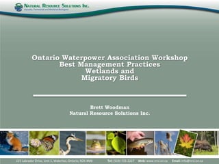 Brett Woodman
Natural Resource Solutions Inc.
225 Labrador Drive, Unit 1, Waterloo, Ontario, N2K 4M8 Tel: (519) 725-2227 Web: www.nrsi.on.ca Email: info@nrsi.on.ca
Ontario Waterpower Association Workshop
Best Management Practices
Wetlands and
Migratory Birds
 