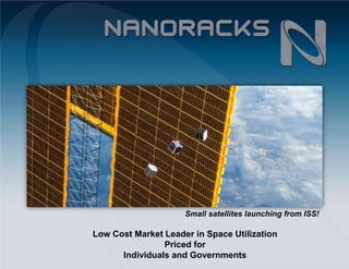 Low Cost Market Leader in Space Utilization
Priced for
Individuals and Governments
Small satellites launching from ISS!
 