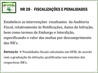 NR 28 - FISCALIZAÇÕES E PENALIDADES
Estabelece as intervenções resultantes da Auditoria
Fiscal, relativamente às Notificações, Autos de Infração,
bem como termos de Embargo e Interdição,
especificando o valor das multas por descumprimento
das NR’s.
IMPOSIÇÃO > Penalidades fiscais calculadas em UFIR, de acordo
com a graduação da infração, qualificadas nas ementas das
respectivas NR’s.
 