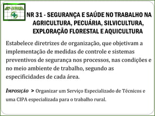 NR 31 - SEGURANÇA E SAÚDE NO TRABALHO NA 
AGRICULTURA, PECUÁRIA, SILVICULTURA, 
EXPLORAÇÃO FLORESTAL E AQUICULTURA
Estabelece diretrizes de organização, que objetivam a
implementação de medidas de controle e sistemas
preventivos de segurança nos processos, nas condições e
no meio ambiente de trabalho, segundo as
especificidades de cada área.
IMPOSIÇÃO > Organizar um Serviço Especializado de Técnicos e
uma CIPA especializada para o trabalho rural.
 