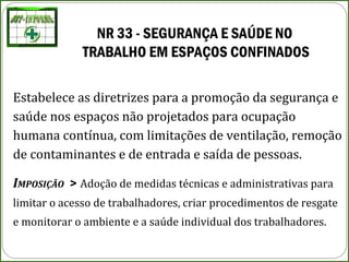 NR 33 - SEGURANÇA E SAÚDE NO 
TRABALHO EM ESPAÇOS CONFINADOS
Estabelece as diretrizes para a promoção da segurança e
saúde nos espaços não projetados para ocupação
humana contínua, com limitações de ventilação, remoção
de contaminantes e de entrada e saída de pessoas.
IMPOSIÇÃO > Adoção de medidas técnicas e administrativas para
limitar o acesso de trabalhadores, criar procedimentos de resgate
e monitorar o ambiente e a saúde individual dos trabalhadores.
 