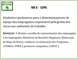 NR 5 - CIPA
Estabelece parâmetros para o dimensionamento de
equipe dos empregados responsável pela gestão dos
riscos nos ambientes de trabalho.
IMPOSIÇÃO > Eleição e escolha de representantes dos empregados
e do empregador; Relatórios de Reuniões Regulares; Elaboração
do Mapa de Riscos; colaborar na elaboração dos Programas
( PCMSO e PPRA ); promover campanhas ( SIPAT ).
 