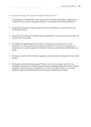MODEL   ROUND   TABLE   KIT      25




IN   ALL   ROUND    T4BLES,      THE   FOLLOWING      BASIC    PRINCIPLES   APPLY:



1.    The participants,       as stakeholders,   have full power to do everything possible (to negotiate and
      make decisions) to reach an agreement based on the principle of sustainable development.



2.    Sustainable   aeveiopment includes social and cultural considerations,               not just economic and
     environmental      factors.



3.    Every effort should be made to identify the key stakeholders            in the issue and make sure that they
     are part of the round table.



4.   The debate and negotiating process is NOT                a competition to see who can be the most
      persuasive,   or to see who can give up the least (or most). This is a time for co-operation, for
     compromise,      for a positive approach to the task of reaching a solution that all stakeholders                can
     accept.



5.    Participants should use their initiative,      imagination,    and creativity at all stages of the round table
     process.



6.   Participants should not feel discouraged          if they do not arrive at consensus within the time
     available for the activity. In complex issues with many competing interests, few decisions                     please
     everybody. Whether           consensus is achieved or not, the round table simulation          can provide
     valuable insights        into the real world of economic-environmental          decision-making.
 