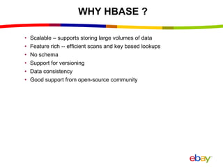 WHY HBASE ?
• Scalable – supports storing large volumes of data
• Feature rich -- efficient scans and key based lookups
• No schema
• Support for versioning
• Data consistency
• Good support from open-source community
 