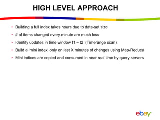 HIGH LEVEL APPROACH
• Building a full index takes hours due to data-set size
• # of items changed every minute are much less
• Identify updates in time window t1 – t2 (Timerange scan)
• Build a ‘mini index’ only on last X minutes of changes using Map-Reduce
• Mini indices are copied and consumed in near real time by query servers
 