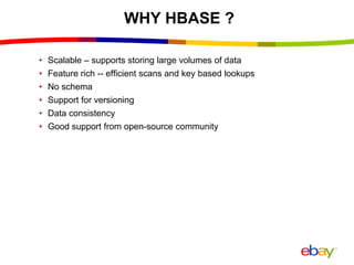 WHY HBASE ?
• Scalable – supports storing large volumes of data
• Feature rich -- efficient scans and key based lookups
• ...