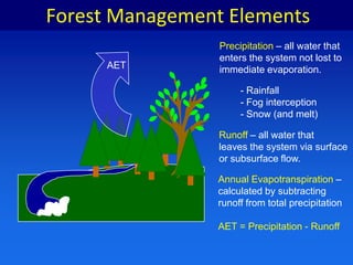 Forest Management ElementsPrecipitation – all water thatenters the system not lost toimmediate evaporation.- Rainfall Fog interceptionForest Management ElementsPrecipitation – all water thatenters the system not lost toimmediate evaporation.- Rainfall Fog interception