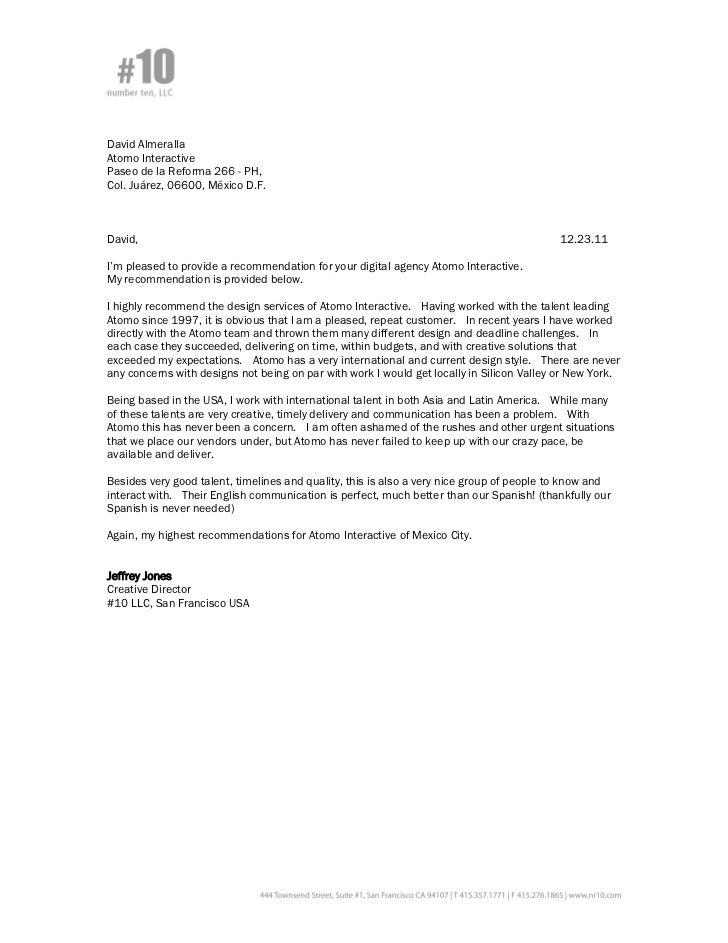 Carta de recomendación para Atomo Interactive