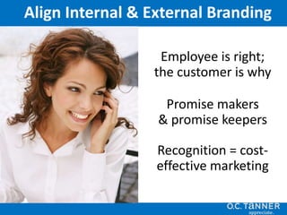 Employee is right;
the customer is why
Promise makers
& promise keepers
Recognition = cost-
effective marketing
Align Internal & External Branding
 