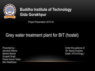 Buddha Institute of Technology
Gida Gorakhpur
Presented by:- Under the guidance of
Ashutosh Mishra Mr. Neeraj Chaubey
Mantoo Nishad (Deptt. Of Civil Engg )
Durgesh Singh
Pawan Kumar Yadav
Nitin Maddhesia
Grey water treatment plant for BIT (hostel)
Project Presentation 2015-16
 