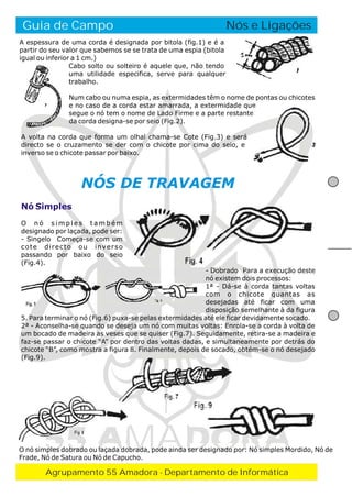 Guia de Campo

O Fogo de Conselho
Nós e Ligações

A espessura de uma corda é designada por bitola (fig.1) e é a
partir do seu valor que sabemos se se trata de uma espia (bitola
igual ou inferior a 1 cm.)
Cabo solto ou solteiro é aquele que, não tendo
uma utilidade especifica, serve para qualquer
trabalho.
Num cabo ou numa espia, as extermidades têm o nome de pontas ou chicotes
e no caso de a corda estar amarrada, a extermidade que
segue o nó tem o nome de Lado Firme e a parte restante
da corda designa-se por seio (Fig.2).
A volta na corda que forma um olhal chama-se Cote (Fig.3) e será
directo se o cruzamento se der com o chicote por cima do seio, e
inverso se o chicote passar por baixo.

NÓS DE TRAVAGEM
Nó Simples
O nó simples também
designado por laçada, pode ser:
- Singelo Começa-se com um
cote directo ou inverso
passando por baixo do seio
(Fig.4).
- Dobrado Para a execução deste
nó existem dois processos:
1ª - Dá-se à corda tantas voltas
com o chicote quantas as
desejadas até ficar com uma
disposição semelhante à da figura
5. Para terminar o nó (Fig.6) puxa-se pelas extermidades até ele ficar devidamente socado.
2ª - Aconselha-se quando se deseja um nó com muitas voltas: Enrola-se a corda à volta de
um bocado de madeira as veses que se quiser (Fig.7). Seguidamente, retira-se a madeira e
faz-se passar o chicote “A” por dentro das voltas dadas, e simultaneamente por detrás do
chicote “B”, como mostra a figura 8. Finalmente, depois de socado, obtém-se o nó desejado
(Fig.9).

55 AMADORA

O nó simples dobrado ou laçada dobrada, pode ainda ser designado por: Nó simples Mordido, Nó de
Frade, Nó de Satura ou Nó de Capucho.

Agrupamento 55 Amadora - Departamento de Informática

 