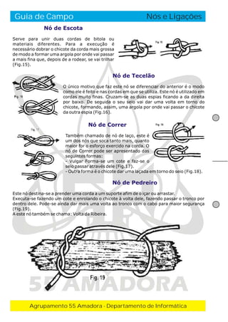 Guia de Campo

O Fogo de Conselho
Nós e Ligações

Nó de Escota
Serve para unir duas cordas de bitola ou
materiais diferentes. Para a execução é
necessário dobrar o chicote da corda mais grossa
de modo a formar uma argola por onde vai passar
a mais fina que, depois de a rodear, se vai trilhar
(Fig.15).

Nó de Tecelão
O único motivo que faz este nó se diferenciar do anterior é o modo
como ele é feito e nas cordas em que se utiliza. Este nó é utilizado em
cordas muito finas. Cruzam-se as duas espias ficando a da direita
por baixo. De seguida o seu seio vai dar uma volta em torno do
chicote, formando, assim, uma argola por onde vai passar o chicote
da outra espia (Fig.16).

Nó de Correr
Também chamado de nó de laço, este é
um dos nós que soca tanto mais, quanto
maior for o esforço exercido na corda. O
nó de Correr pode ser apresentado das
seguintes formas:
- Vulgar Forma-se um cote e faz-se o
seio passar através dele (Fig.17).
- Outra forma é o chicote dar uma laçada em torno do seio (Fig.18).

Nó de Pedreiro
Este nó destina-se a prender uma corda a um suporte afim de o içar ou arrastar.
Executa-se fazendo um cote e enrolando o chicote à volta dele, fazendo passar o tronco por
dentro dele. Pode-se ainda dar mais uma volta ao tronco com o cabo para maior segurança
(Fig.19).
A este nó também se chama: Volta da Ribeira.

55 AMADORA
Agrupamento 55 Amadora - Departamento de Informática

 