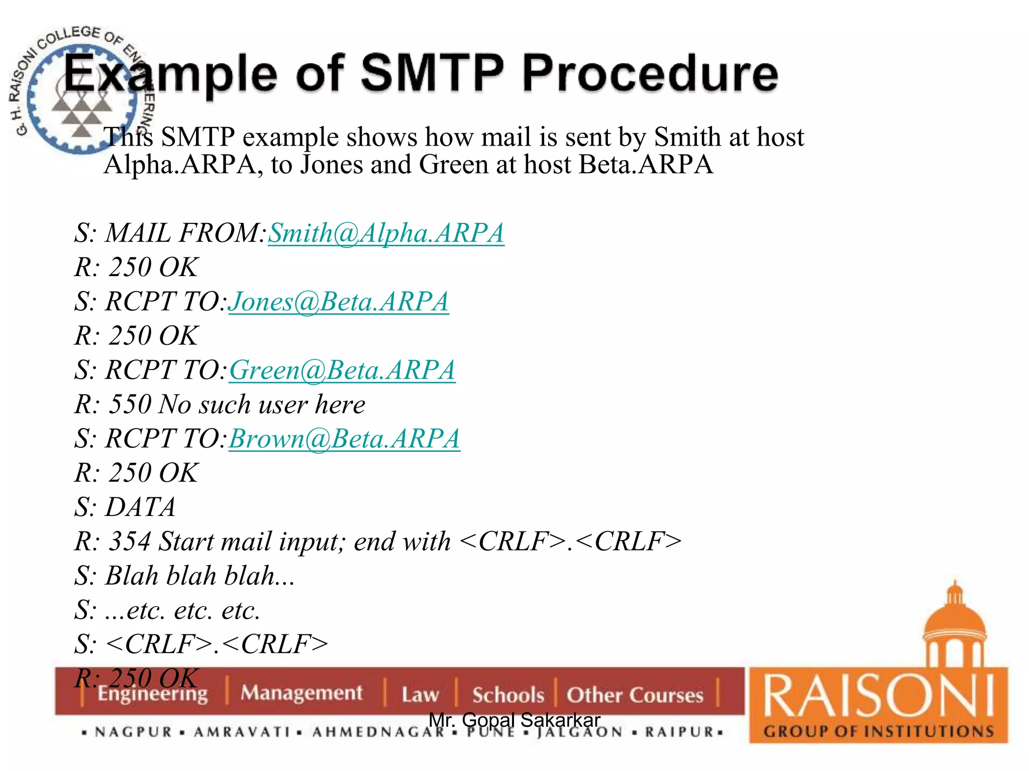This SMTP example shows how mail is sent by Smith at host 
Alpha.ARPA, to Jones and Green at host Beta.ARPA 
S: MAIL FROM:Smith@Alpha.ARPA 
R: 250 OK 
S: RCPT TO:Jones@Beta.ARPA 
R: 250 OK 
S: RCPT TO:Green@Beta.ARPA 
R: 550 No such user here 
S: RCPT TO:Brown@Beta.ARPA 
R: 250 OK 
S: DATA 
R: 354 Start mail input; end with <CRLF>.<CRLF> 
S: Blah blah blah... 
S: ...etc. etc. etc. 
S: <CRLF>.<CRLF> 
R: 250 OK 
Mr. Gopal Sakarkar 
 