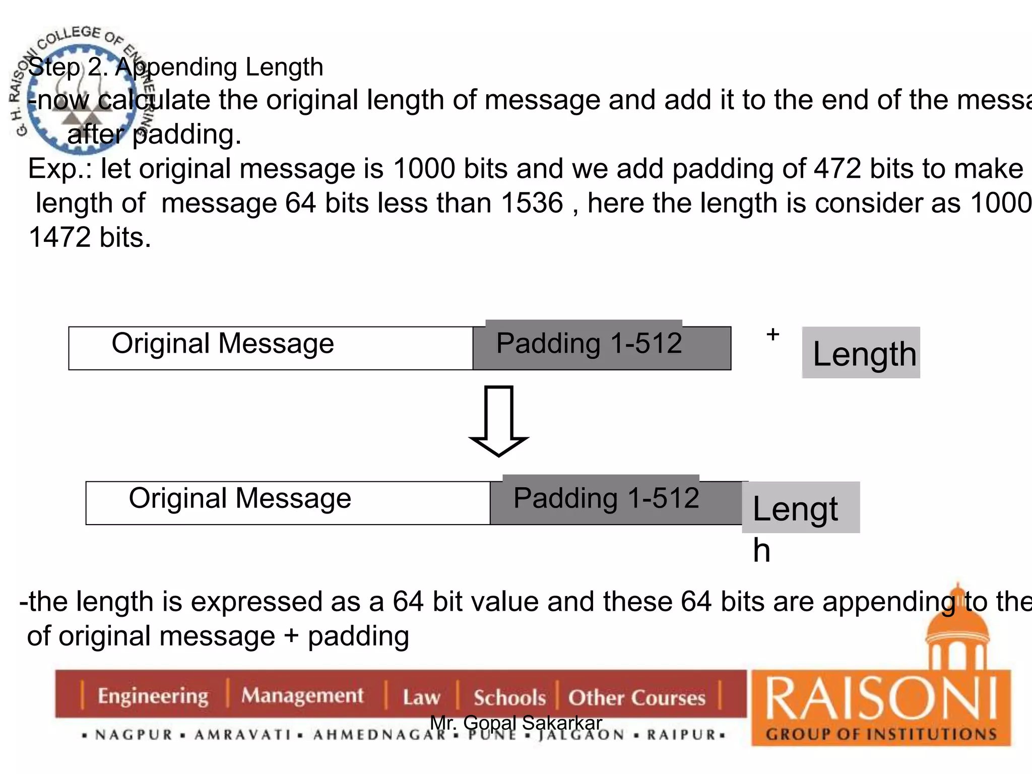 Step 2. Appending Length 
-now calculate the original length of message and add it to the end of the message, 
Mr. Gopal Sakarkar 
after padding. 
Exp.: let original message is 1000 bits and we add padding of 472 bits to make the 
length of message 64 bits less than 1536 , here the length is consider as 1000 1472 bits. 
Original Message P a dPdaidndgi n1g-5 1 2 + 
Length 
Original Message P a dPdaidndgi n1g-5 1 2 Lengt 
h 
-the length is expressed as a 64 bit value and these 64 bits are appending to the of original message + padding 
 