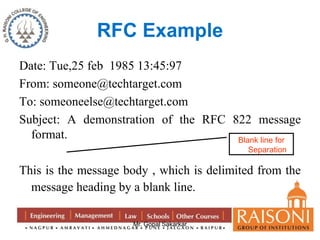 RFC Example 
Date: Tue,25 feb 1985 13:45:97 
From: someone@techtarget.com 
To: someoneelse@techtarget.com 
Subject: A demonstration of the RFC 822 message 
Mr. Gopal Sakarkar 
format. 
This is the message body , which is delimited from the 
message heading by a blank line. 
Blank line for 
Separation 
 