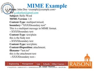MIME Example 
From: John Doe <example@example.com> 
To: g.sakarkar@gmail.com 
Subject: Hello Word 
MIME-Version: 1.0 
Content-Type: multipart/mixed; 
boundary="XXXXboundary text" 
This is a multipart message in MIME format. 
--XXXXboundary text 
Content-Type: text/plain 
this is the body text 
--XXXXboundary text 
Content-Type: text/plain; 
Content-Disposition: attachment; 
filename="test.txt" 
this is the attachment text 
--XXXXboundary text-- 
Mr. Gopal Sakarkar 
 