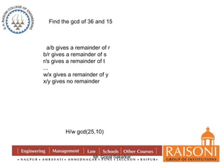 Find the gcd of 36 and 15 
a/b gives a remainder of r 
b/r gives a remainder of s 
r/s gives a remainder of t 
... 
w/x gives a remainder of y 
x/y gives no remainder 
H/w gcd(25,10) 
Mr. Gopal Sakarkar 
 