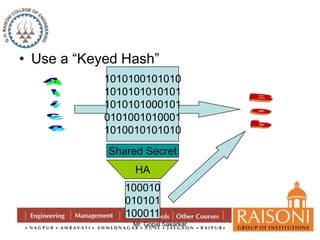 • Use a “Keyed Hash” 
1010100101010 
1010101010101 
1010101000101 
0101001010001 
1010010101010 
Shared Secret 
HA 
100010 
010101 
100011 
Mr. Gopal Sakarkar 
 