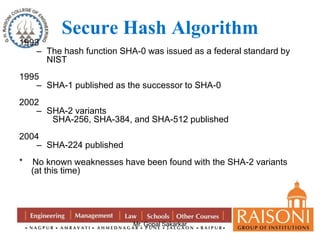 Secure Hash Algorithm 
Mr. Gopal Sakarkar 
1993 
– The hash function SHA-0 was issued as a federal standard by 
NIST 
1995 
– SHA-1 published as the successor to SHA-0 
2002 
– SHA-2 variants 
SHA-256, SHA-384, and SHA-512 published 
2004 
– SHA-224 published 
* No known weaknesses have been found with the SHA-2 variants 
(at this time) 
 