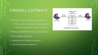 FIREWALL GATEWAYS
• Firewall runs set of proxy programs
• Proxies filter incoming, outgoing packets
• All incoming traffic directed to firewall
• Policy embedded in proxy programs
• Two kinds of proxies
• Application-level gateways/proxies
• Circuit-level gateways/proxies
 