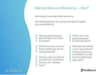 Aligning Sales and Marketing — How?
Hold regular meetings and brainstorms.
Use these questions as a jumping-off point to guide
your conversations:
What questions do you
get that take a lot of time
to answer?
What’s the most common
reason leads give for not
moving forward?
What’s a piece of content
you wish you could send
that you don’t already
have?
What’s the most
popular piece of
content you send?
What are some ways
you’ve described the
company’s services
or products on a call
that have gone over
really well?
 