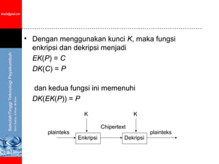 • Dengan menggunakan kunci K, maka fungsi
  enkripsi dan dekripsi menjadi
  EK(P) = C
  DK(C) = P

  dan kedua fungsi ini memenuhi
  DK(EK(P)) = P

                    K                     K

                             Chipertext
      plainteks                                  plainteks
                  Enkripsi            Dekripsi
 