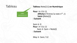 Tableau Tableau Note[11] en Numérique
Pour i ← 0 à 11
Afficher ("Entrez la note n°", i)
Saisir (Note[i])
i Suivant
Som ← 0
Pour i ← 0 à 11
Som ← Som + Note[i]
i Suivant
Moy ← Som / 12
Index
commence à 0
 