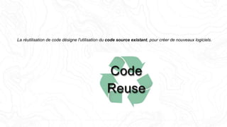 La réutilisation de code désigne l'utilisation du code source existant, pour créer de nouveaux logiciels.
 