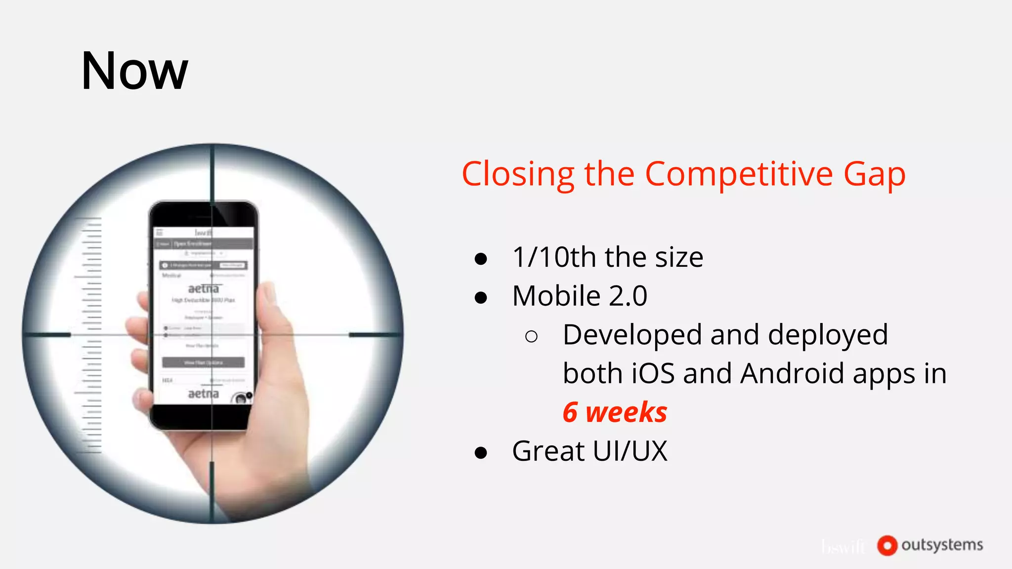 Now
Closing the Competitive Gap
● 1/10th the size
● Mobile 2.0
○ Developed and deployed
both iOS and Android apps in
6 weeks
● Great UI/UX
 
