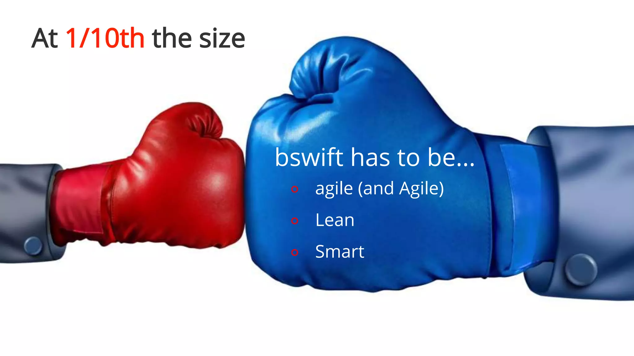 bswift has to be...
⚬ agile (and Agile)
⚬ Lean
⚬ Smart
At 1/10th the size
 