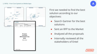 | ENTEL - From Core Systems to Mobile Apps
First we needed to find the best
solution according to our
objectives:
● Search Gartner for the best
solutions
● Sent an RFP to the Market
● Analyzed all the proposals
● Internally reviewed all the
stakeholders of Entel
A
 