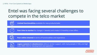 | ENTEL - From Core Systems to Mobile Apps
Entel was facing several challenges to
compete in the telco market
Limited functionalities available for new products/sales
Poor time to market for change (> 3weeks) and create (>3 months) a new offers
Poor online channel in terms of functionalities and experience
Legacy systems in obsolescence without vendor support, with many people (>100), and high
costs (MM USD) for development and operation
 