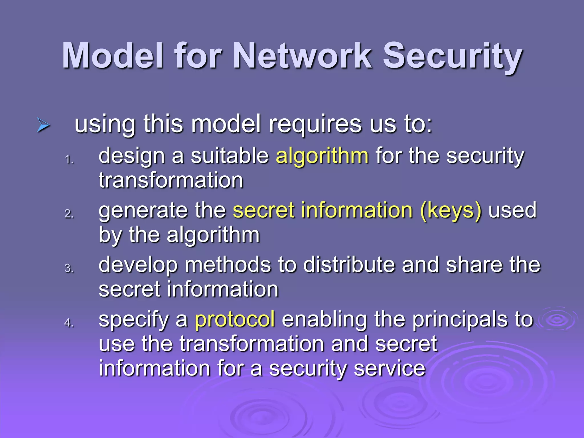Model for Network Security
 using this model requires us to:
1. design a suitable algorithm for the security
transformation
2. generate the secret information (keys) used
by the algorithm
3. develop methods to distribute and share the
secret information
4. specify a protocol enabling the principals to
use the transformation and secret
information for a security service
 