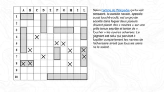 Selon l’article de Wikipedia qui lui est
consacré, la bataille navale, appelée
aussi touché-coulé, est un jeu de
société dans lequel deux joueurs
doivent placer des « navires » sur une
grille tenue secrète et tenter de «
toucher » les navires adverses. Le
gagnant est celui qui parvient à
torpiller complètement les navires de
l’adversaire avant que tous les siens
ne le soient.
 
