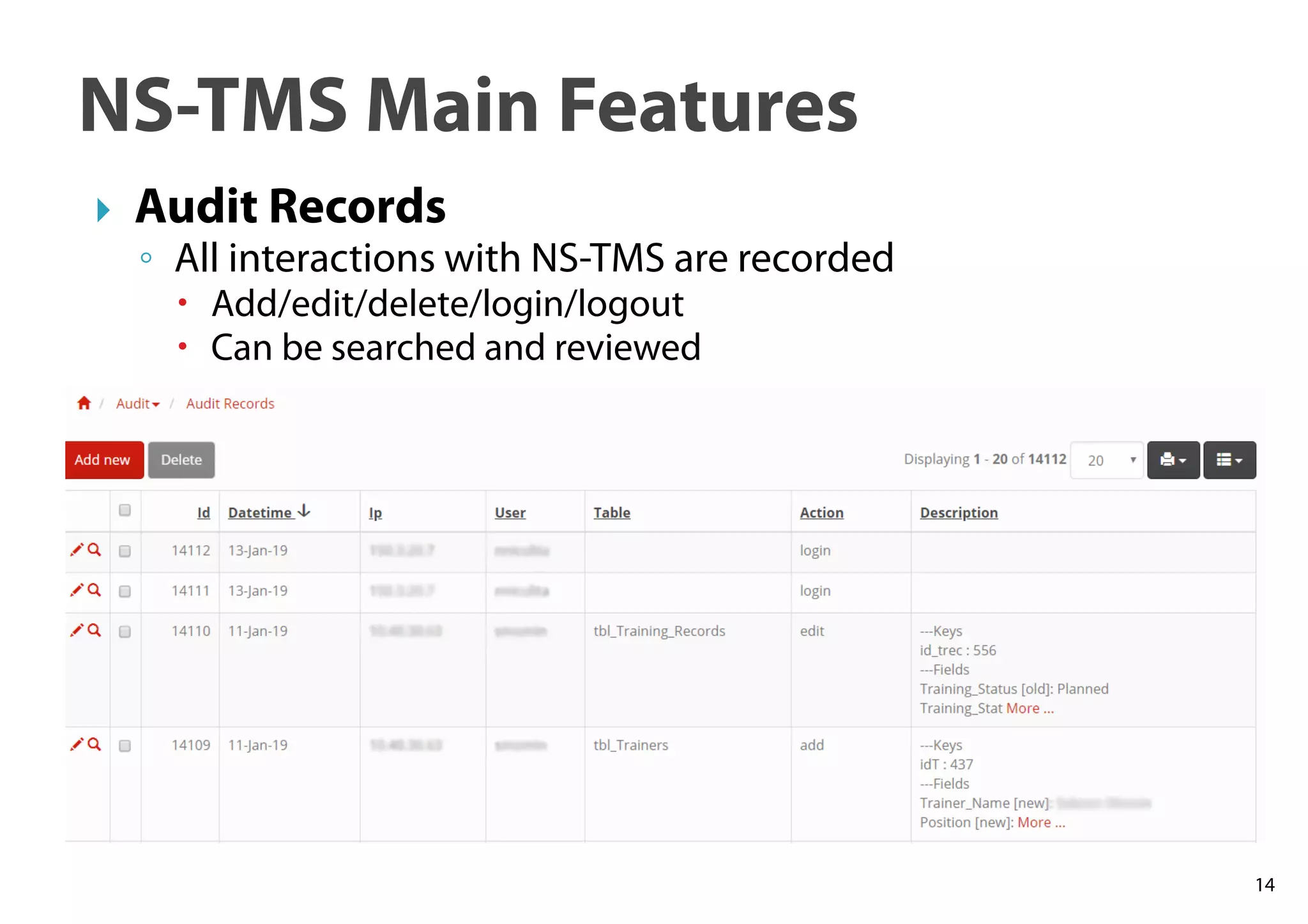 14
NS-TMS Main Features
Audit Records
◦ All interactions with NS-TMS are recorded
Add/edit/delete/login/logout
Can be searched and reviewed
 