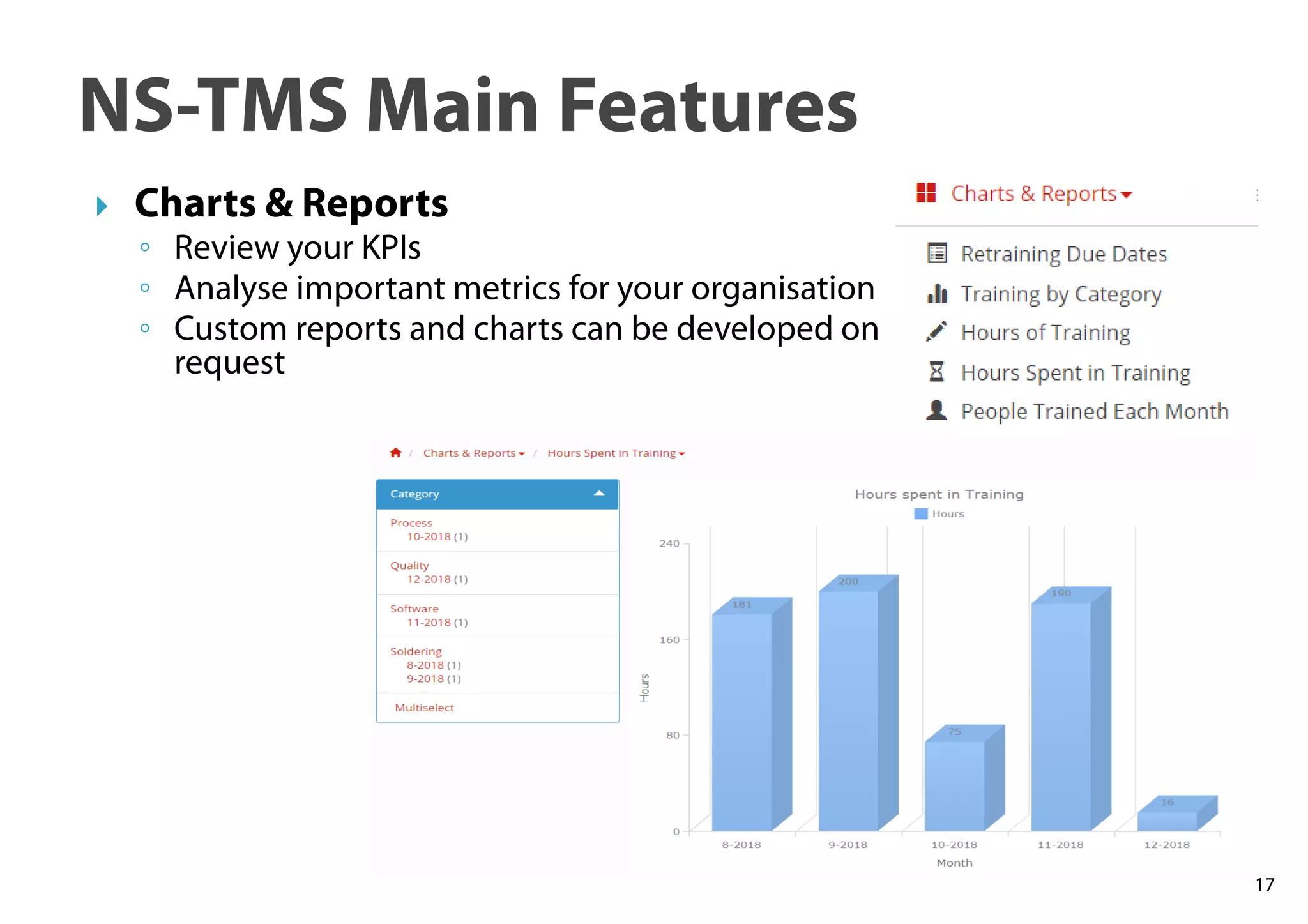 17
NS-TMS Main Features
Charts & Reports
◦ Review your KPIs
◦ Analyse important metrics for your organisation
◦ Custom reports and charts can be developed on
request
 