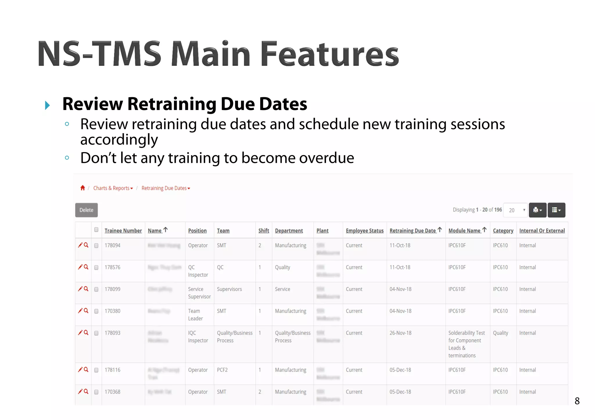 8
Review Retraining Due Dates
◦ Review retraining due dates and schedule new training sessions
accordingly
◦ Don’t let any training to become overdue
 