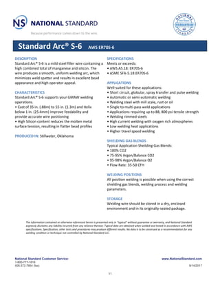 National Standard Customer Service:
1-800-777-1618
405-372-7954 (fax)
www.NationalStandard.com
9/14/2017
Standard Arc® S-6 AWS ER70S-6
DESCRIPTION
Standard Arc® S-6 is a mild steel filler wire containing a
high combined total of manganese and silicon. The
wire produces a smooth, uniform welding arc, which
minimizes weld spatter and results in excellent bead
appearance and high operator appeal.
CHARACTERISTICS
Standard Arc® S-6 supports your GMAW welding
operations.
• Cast of 35 in. (.88m) to 55 in. (1.3m) and Helix
below 1 in. (25.4mm) improve feedability and
provide accurate wire positioning
• High Silicon content reduces the molten metal
surface tension, resulting in flatter bead profiles
PRODUCED IN: Stillwater, Oklahoma
SPECIFICATIONS
Meets or exceeds:
• AWS A5.18: ER70S-6
• ASME SFA-5.18:ER70S-6
APPLICATIONS
Well-suited for these applications:
• Short circuit, globular, spray transfer and pulse welding
• Automatic or semi-automatic welding
• Welding steel with mill scale, rust or oil
• Single to multi-pass weld applications
• Applications requiring up to 88, 800 psi tensile strength
• Welding rimmed steels
• High current welding with oxygen rich atmospheres
• Low welding heat applications
• Higher travel speed welding
SHIELDING GAS BLENDS
Typical Application Sheilding Gas Blends:
• 100% CO2
• 75-95% Argon/Balance CO2
• 95-98% Argon/Balance O2
• Flow Rate: 35-50 CFH
WELDING POSITIONS
All position welding is possible when using the correct
shielding gas blends, welding process and welding
parameters.
STORAGE
Welding wire should be stored in a dry, enclosed
environment and in its originally-sealed package.
The information contained or otherwise referenced herein is presented only in “typical” without guarantee or warranty, and National Standard
expressly disclaims any liability incurred from any reliance thereon. Typical data are obtained when welded and tested in accordance with AWS
specifications. Specification, other tests and procedures may produce different results. No data is to be construed as a recommendation for any
welding condition or technique not controlled by National Standard LLC.
11
 
