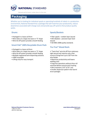 National Standard Customer Service: www.NationalStandard.com
1-800-777-1618 9/14/2017
405-372-7954 (fax)
Packaging
Whether you’re looking for individual spools or operating hundreds of robots in a production
environment, National Standard has a package that will maximize your productivity, reduce
downtimes associated with change-outs and provide pay-off systems that produce quality
welds.
Drums
• Packaged in a loose coil form
• Wire takes on a large sine wave or “S” shape
• Wire let-off system provides smooth feeding
Smart Pak® 100% Recyclable Drum Pack
• Packaged in a loose coil form
• Wire takes on a large sine wave or “S” shape
• Wire let-off system provides smooth feeding
• Multiple engineered wire dispensing solutions
• 100% recyclable
• Lifting strap for easy transport
Spools/Baskets
• Fiber spools – random layer wound
• Wire Baskets – precision layer level
wound
• ISO 9001:2008 quality standards
Tru-Trac® Wood Reels
• “Twist-free” wire let-off from stationary
tight wound reel requires only a few
ounces of drag from up to 150’ from the
wire feeder
• Maximizes productivity and lowers
welding costs
• Snag-free operations without drive roll
overload delivers precise joint tracking
• Wire maintains a 35” to 55” cast
• Smaller dispersion pattern than barrel
drum packages
1
 