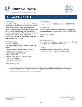 National Standard Customer Service:
1-800-777-1618
405-372-7954 (fax)
www.NationalStandard.com
9/14/2017
Alumi Glide® 4943
DESCRIPTION
Alumi Glide® 4943 is an alternative alloy to 4043 with
25% higher Ultimate Tensile Strength (UTS) and 50%
higher yield strength in the as welded condition.
Similar to 4043 it possesses moderate to high strength
(35 ksi typical), low melting temperature and high
fluidity, low ductility, formability and lower toughness
as well as moderate electrical and thermal
conductivity. 4943 may be used to weld 1XXX, 3XXX,
5XXX with less than 3.0% Mg.
CHARACTERISTICS
PRODUCT FEATURES:
• Excellent wire surface finish ensures trouble-free
welding
• Excellent cleanliness exceeds AWS pororsity
standards and ensures sound weldments.
• Consistent diameter tolerance.
TYPICAL PROPERTIES:
• Melting Range 1065 – 1175 F 574 – 635 C
• Density .097 lbscu in.
• Post Anodize Color Gray
PRODUCED IN: Canada
SPECIFICATIONS
Meets or exceeds: AWS A5.10 classification ER4943, R4943
APPLICATIONS
Common welding applications include automotive frames,
aerospace hardware, bicycles, concrete forms and furniture.
SHIELDING GAS BLENDS
(N/A)
WELDING POSITIONS
All-position MIG welding wire. Requires appropriate shielding
gas usage, settings and arc transfer modes.
STORAGE
Welding wire should be stored in a dry, enclosed
environment and in its originally-sealed package.
The information contained or otherwise referenced herein is presented only in “typical” without guarantee or warranty, and National Standard
expressly disclaims any liability incurred from any reliance thereon. Typical data are obtained when welded and tested in accordance with AWS
specifications. Specification, other tests and procedures may produce different results. No data is to be construed as a recommendation for any
welding condition or technique not controlled by National Standard LLC.
26
 