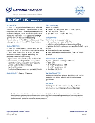 National Standard Customer Service:
1-800-777-1618
405-372-7954 (fax)
www.NationalStandard.com
9/14/2017
NS Plus®-115 AWS ER70S-6
DESCRIPTION
NS Plus® 115 is a premium copper-coated mild steel
solid filler metal containing a high combined total of
manganese and silicon. The wire produces a smooth,
uniform welding arc, which minimizes weld spatter
and results in excellent bead appearance and high
operator appeal. The excellent operating
characteristics of NS Plus 115 appeal to users seeking
better performance in their ER70S-6 applications.
CHARACTERISTICS
NS Plus® 115 Copper-Coated Welding Wire sets the
standard in quality to support your GMAW operations.
• Cast of 35 in. (88m) to 55 in. (1.3m) and Helix
below 1 in. (25.4mm) improve feedability and
provide accurate wire positioning
• Higher Silicon content reduces the molten metal
surface tension, resulting in flatter bead profiles
• Excellent arc starts, arc stability and feedability
• Minimal spatter and copper flaking
• High level de-oxidizers
• Excellent weld appearance and post weld cleaning
PRODUCED IN: Stillwater, Oklahoma
SPECIFICATIONS
Meets or exceeds:
• AWS A5.18: ER70S-6 H4, AWS A5.18M: ER48S-6
• ASME SFA-5.18: ER70S-6
• AWS A5.17: EH11K (1/16" dia. only)
APPLICATIONS
Well-suited for these applications:
• All metal transfer modes of GMAW
• Robotic, mechanized or semi-automatic welding
• Welding steel with medium to heavy mill scale, light rust or
thin oil
• Single and multi-pass weldments
• Applications requiring a minimum 70,000 psi tensile
strength
SHIELDING GAS BLENDS
Typical Application Sheilding Gas Blends:
• 100% CO2
• 75-95% Argon/Balance CO2
• 95-98% Argon/Balance O2
• Flow Rate: 35-50 CFH
WELDING POSITIONS
All position welding is possible when using the correct
shielding gas blends, welding process and welding
parameters.
STORAGE
Welding wire should be stored in a dry, enclosed
environment and in its originally-sealed package.
The information contained or otherwise referenced herein is presented only in “typical” without guarantee or warranty, and National Standard
expressly disclaims any liability incurred from any reliance thereon. Typical data are obtained when welded and tested in accordance with AWS
specifications. Specification, other tests and procedures may produce different results. No data is to be construed as a recommendation for any
welding condition or technique not controlled by National Standard LLC.
7
 