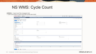 NS WMS: Cycle Count
SCREEN 2 – Cycle Count Plan (managerial role)
1. Cycle Count Plan for ‘Cycle Count Plan by Item NS-II1357E’
106 Confidential – © 2020 Oracle Internal/Restricted/Highly Restricted
 