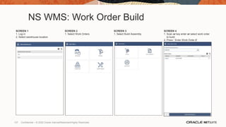 NS WMS: Work Order Build
SCREEN 1
1. Log in
2. Select warehouse location
SCREEN 2
1. Select Work Orders
SCREEN 3
1. Select Build Assembly
SCREEN 4
1. Scan or key enter or select work order
to build
2. Press ‘ Enter Work Order #’
137 Confidential – © 2020 Oracle Internal/Restricted/Highly Restricted
 