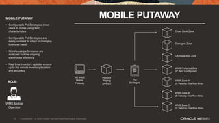 33
MOBILE PUTAWAY MOBILE PUTAWAY
• Configurable Put Strategies direct
users to zones using item
characteristics
• Configurable Put Strategies are
easily updated to adapt to changing
business needs
• Warehouse performance are
analyzed to drive ongoing
warehouse efficiency
• Real time inventory updates ensure
up to the minute inventory location
and accuracy
ROLE:
WMS Mobile
Operator
NS WMS
Mobile
Putaway
WMS Zone A
(A Velocity Overflow Bins)
Inbound
Staging
(pickup)
Put
Strategies
WMS Zone C
(C Velocity Overflow Bins)
WMS Zone B
(B Velocity Overflow Bins)
WMS Preferred Bins
(IF Item Configured)
QA Inspection Zone
Damaged Zone
Cross Dock Zone
33 Confidential – © 2020 Oracle Internal/Restricted/Highly Restricted
 