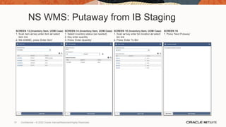 NS WMS: Putaway from IB Staging
SCREEN 13 (Inventory Item, UOM Case)
1. Scan item or key enter item or select
item link
2. NS-II2468C, press ‘Enter Item’
SCREEN 14 (Inventory Item, UOM Case)
1. Select inventory status (as needed)
2. Key enter quantity
3. Press ‘Enter Quantity’
SCREEN 15 (Inventory Item, UOM Case)
1. Scan or key enter bin location or select
bin link
2. Press ‘Enter To Bin’
SCREEN 16
1. Press ‘Next Putaway’
37 Confidential – © 2020 Oracle Internal/Restricted/Highly Restricted
 