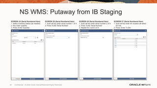 NS WMS: Putaway from IB Staging
SCREEN 24 (Serial Numbered Item)
1. Select inventory status (as needed)
2. Key enter quantity
3. Press ‘Enter Quantity’
SCREEN 25 (Serial Numbered Item)
1. Scan or key enter serial number 1 of 4
2. Press ‘Enter Serial Number’
SCREEN 26 (Serial Numbered Item)
1. Scan or key enter serial number 2 of 4
2. Press ‘Enter Serial Number’
3. Repeat for 3 and 4 of 4
SCREEN 27 (Serial Numbered Item)
1. Scan or key enter bin location or select
bin link
2. Press ‘Enter To Bin’
40 Confidential – © 2020 Oracle Internal/Restricted/Highly Restricted
 