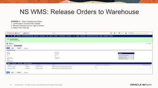 NS WMS: Release Orders to Warehouse
SCREEN 4 – Wave (release pick tasks)
1. Confirmation of wave/order release
2. Review Summary box on right of screen
3. Select Pick Task tab
50 Confidential – © 2020 Oracle Internal/Restricted/Highly Restricted
 