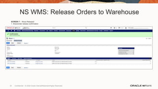 NS WMS: Release Orders to Warehouse
SCREEN 7 – Wave Released
1. Wave/order release confirmation
53 Confidential – © 2020 Oracle Internal/Restricted/Highly Restricted
 
